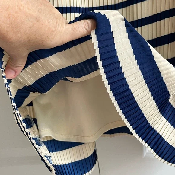 Mango Blue and Cream Pleated Slip Dress Spaghetti Strap Mini - Picture 6 of 11